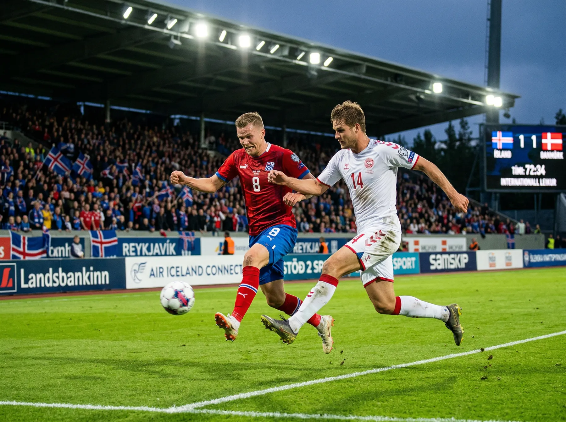 Leikmenn á fótboltavelli í kappleik á heimsmeistaramóti