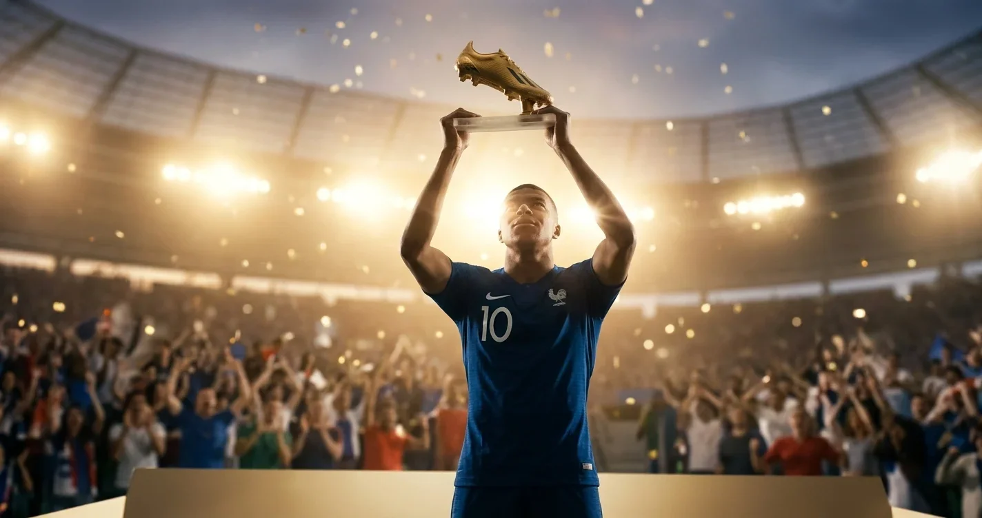 Mbappé í bláu Frakklands treyju lyftir Gullstígvél HM 2026 á verðlaunapalli, flaugeldar í baksýn