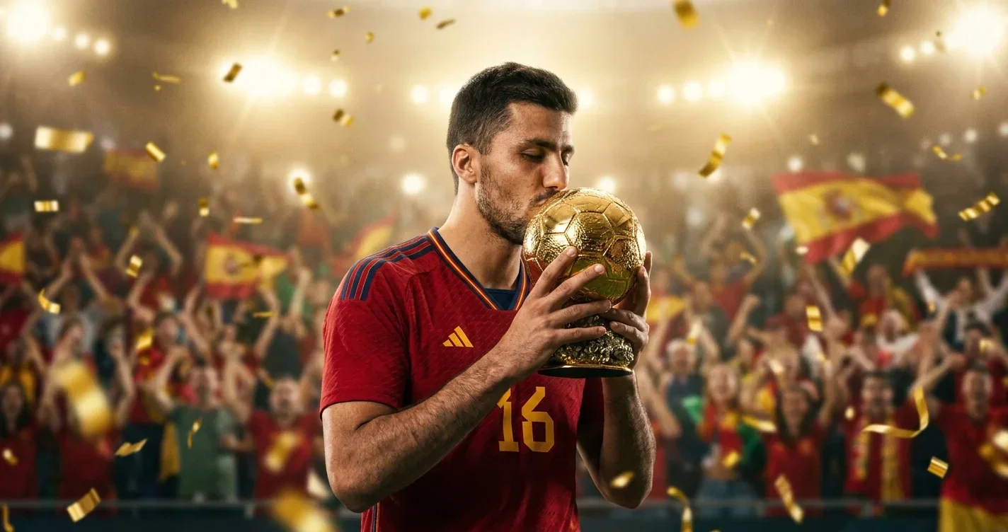 Rodri í rauðu Spánar-treyju lyftir Gullbingli HM 2026 á verðlaunapalli, blá rökkur í baksýn