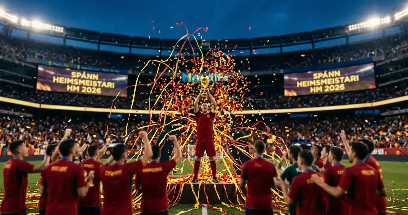 Spánn lyftir HM-bikarnum 2026 á MetLife Stadium, glóandi ljós og gull
